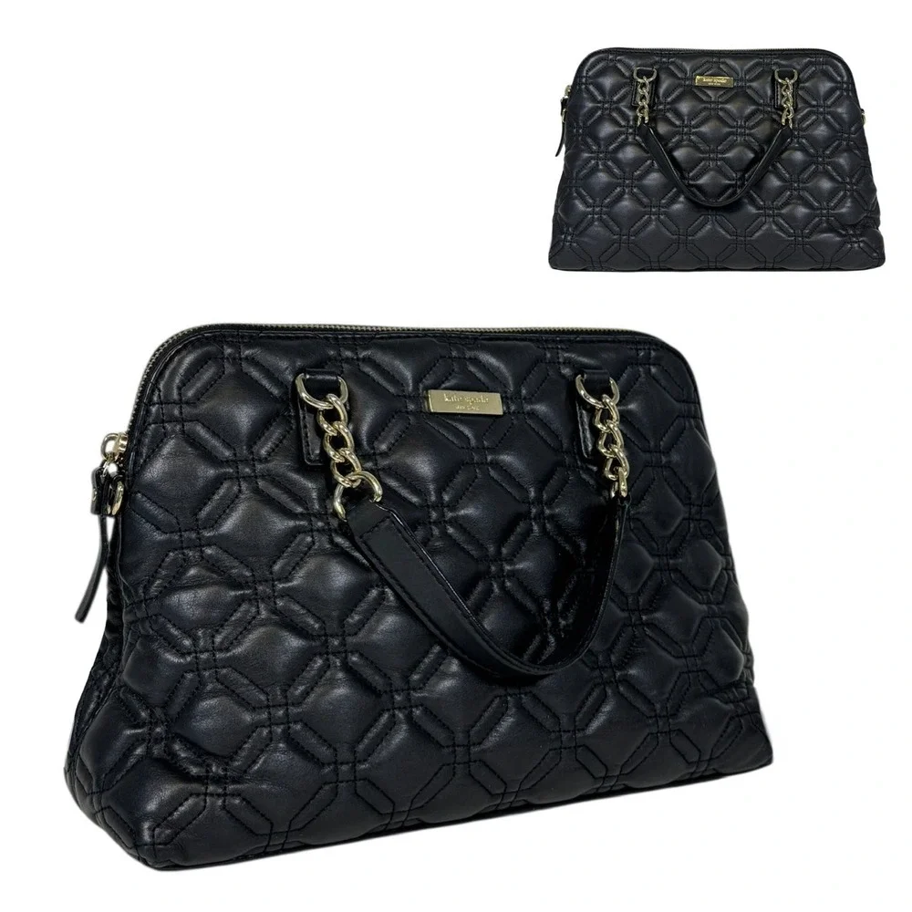 Kate‎ Spade Women's Black Quilted Leather Dome Satchel Handbag Gold Chain Detail
